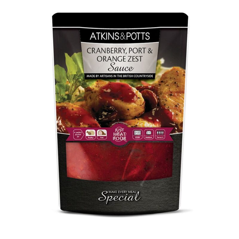 Previous pack design of Atkins & Potts Cranberry, Port & Orange Zest Sauce