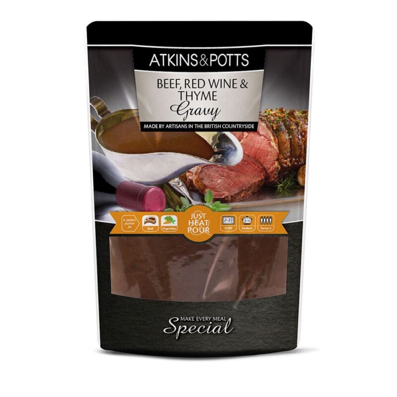 Previous pack design of Atkins & Potts Beef with Red Wine Gravy