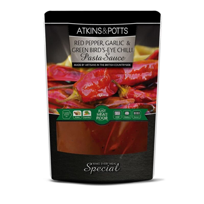 Previous pack design of Atkins & Potts Red Pepper, Garlic & Green Birds-Eye Chilli Pasta Sauce