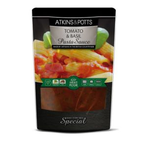 Previous pack design of Atkins & Potts Tomato and Basil Pasta Sauce