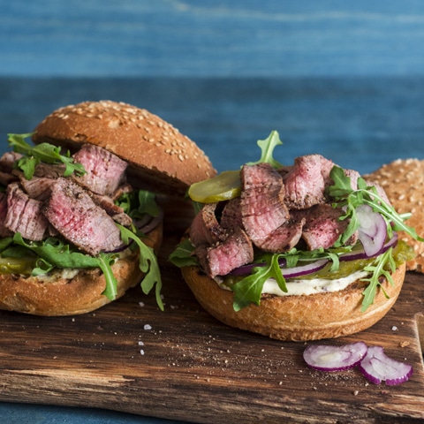 Beef sandwich with Atkins & Potts green peppercorn sauce
