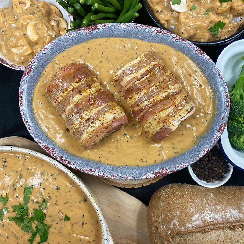 Creamy Peppercorn Mushroom Stuffed Pork Tenderloin