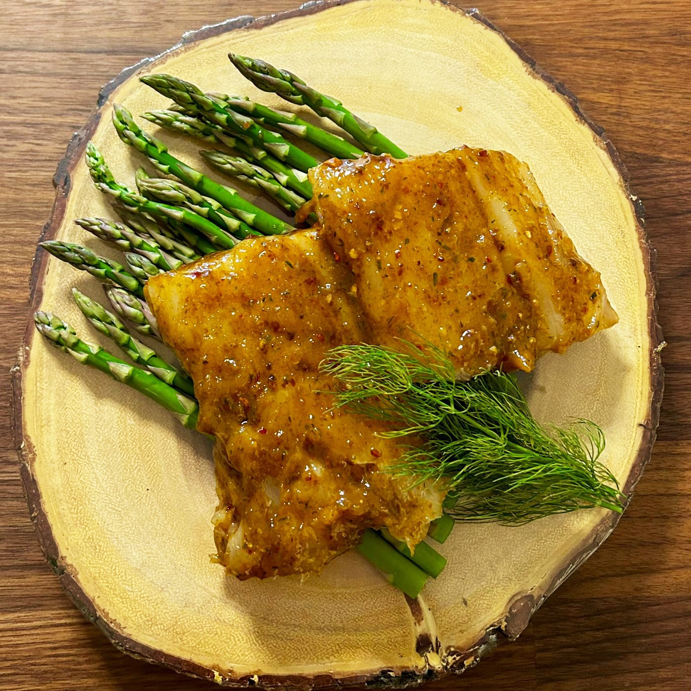 Red Miso Cod Fillet with Asparagus made with AVO Red Miso Marinade