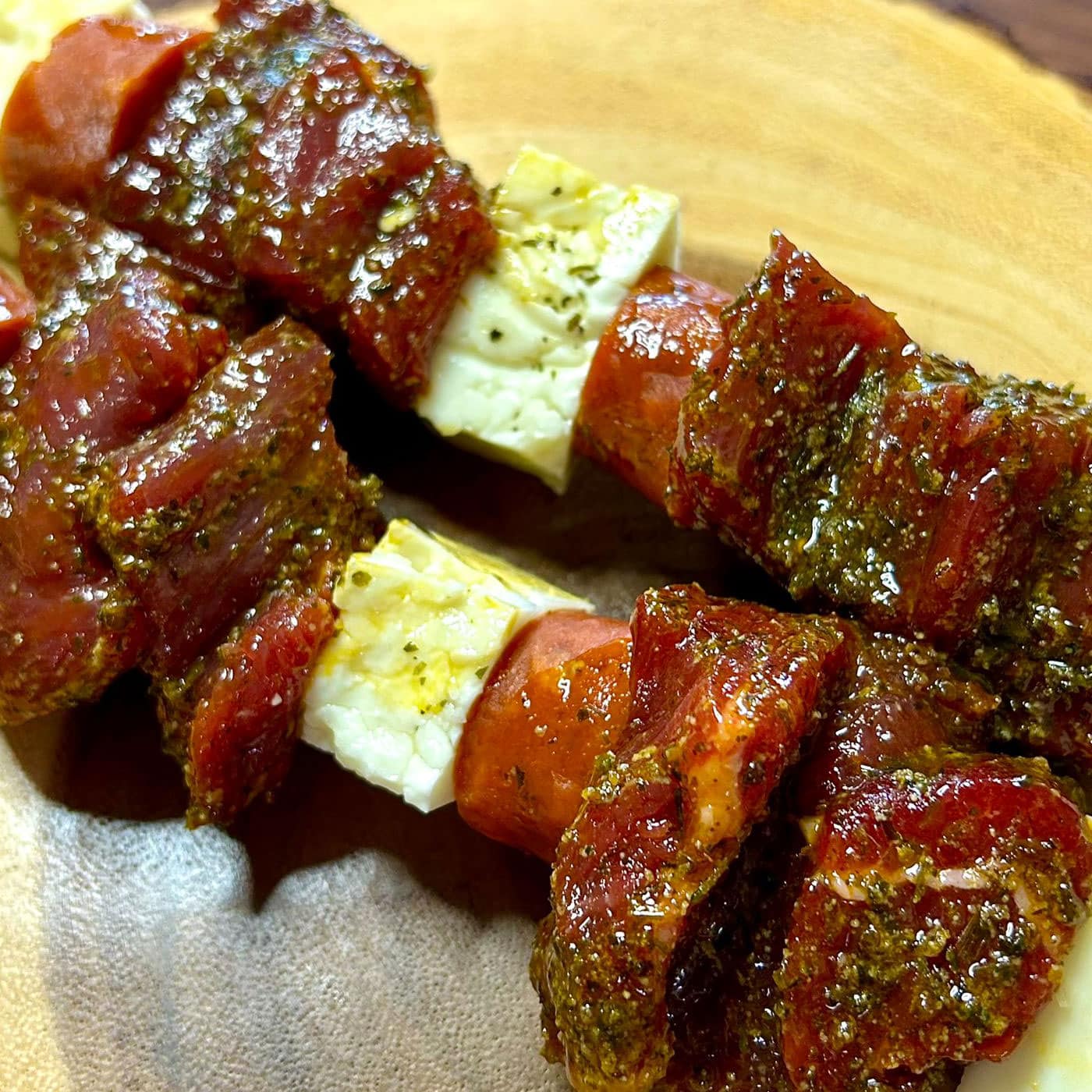 Cowboy Butter Steak, Chorizo & Halloumi Kebabs