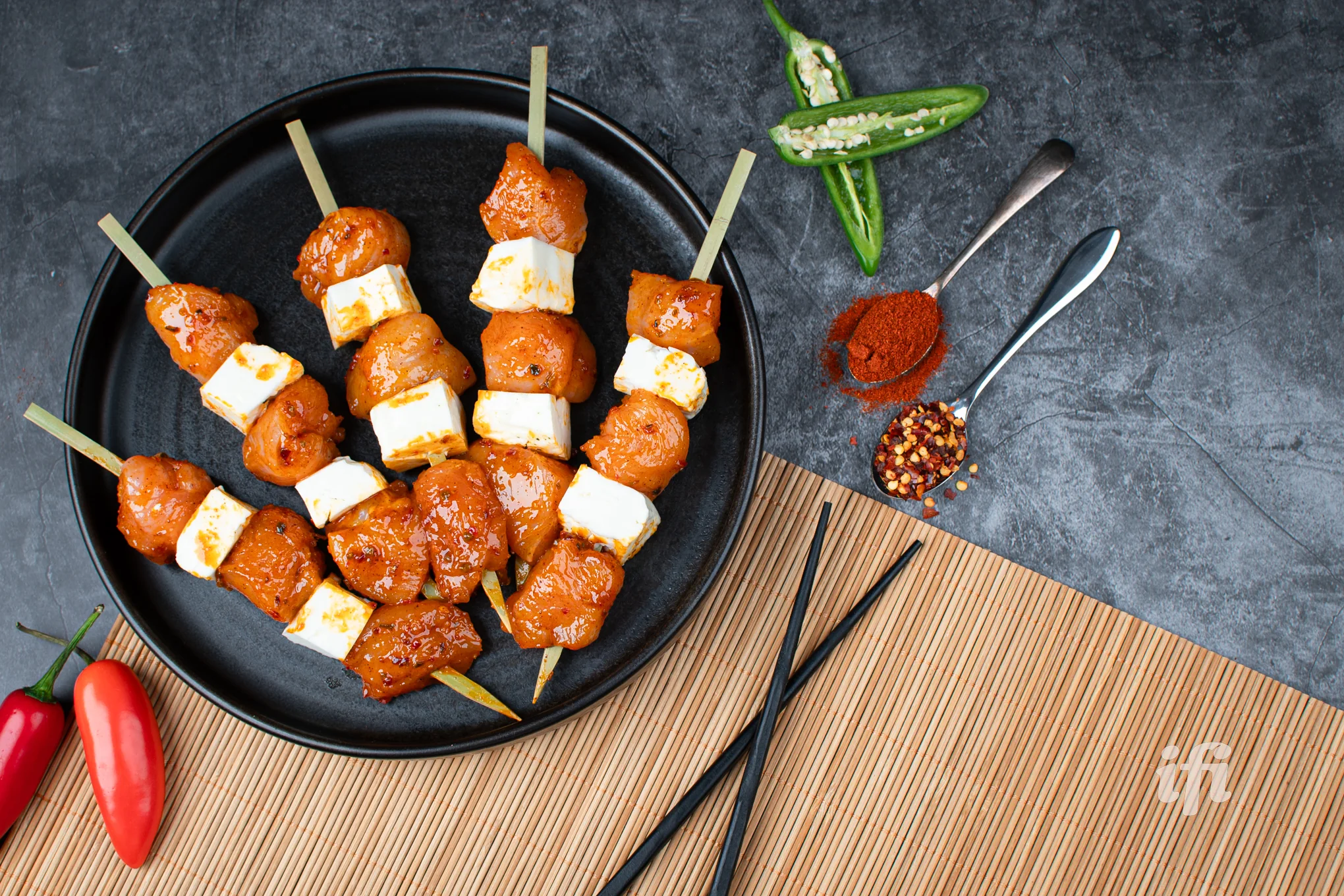 Fermented Chilli Chicken and Halloumi Skewers