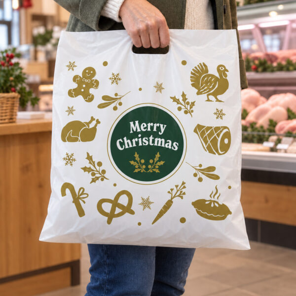 White Christmas carrier bag with green and gold festive design