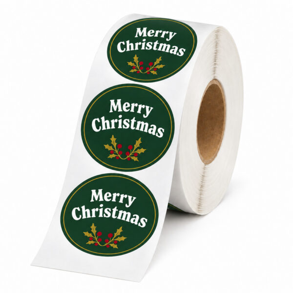 Green and gold Merry Christmas labels with holly design