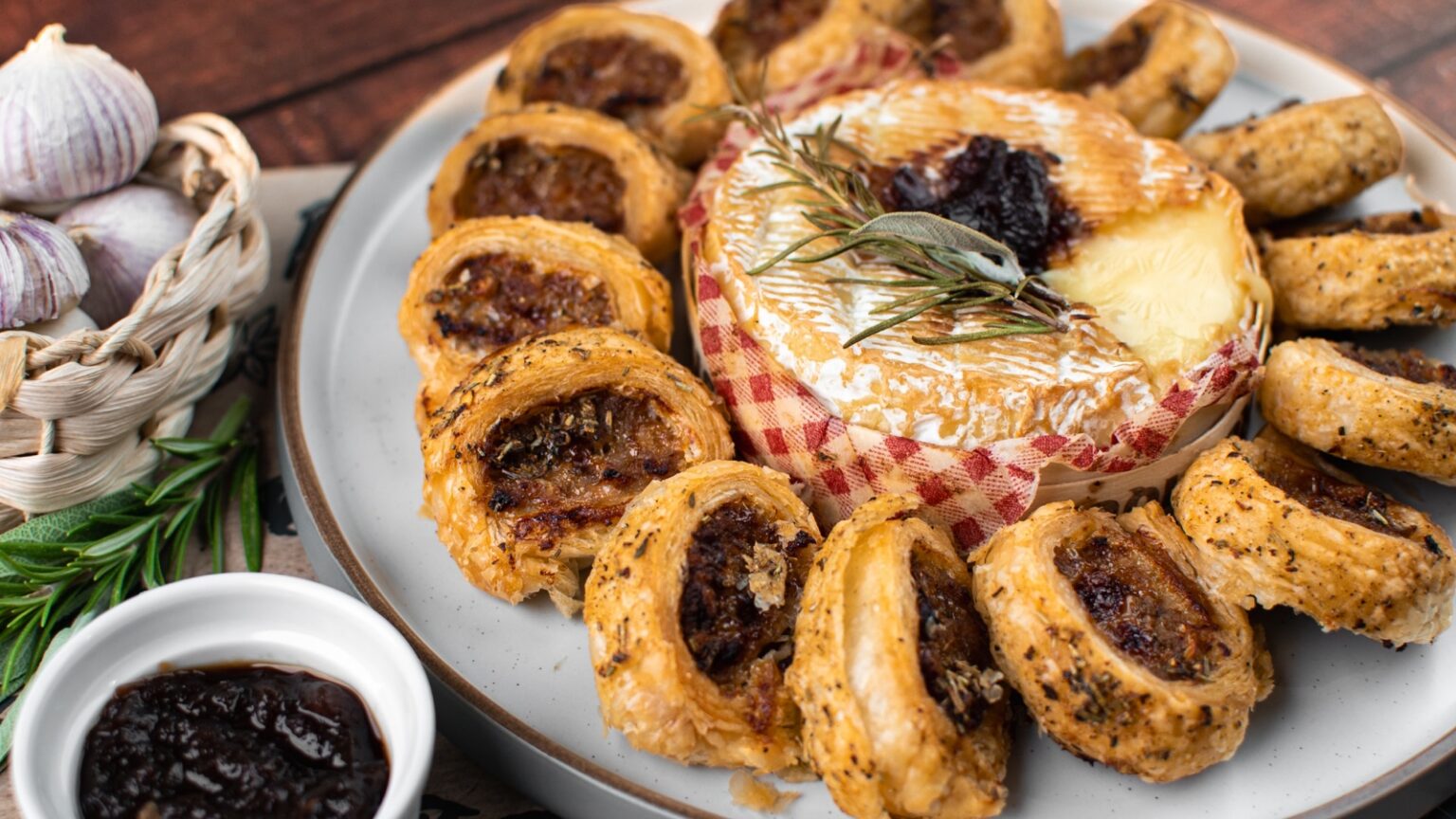Smoked apple and cinnamon sausage roll bites served with warm melting Camembert